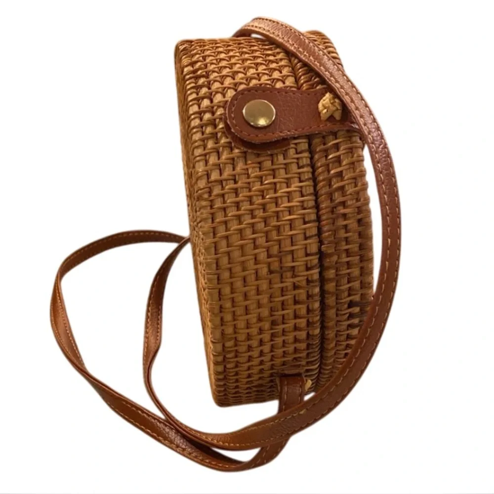 Rattan Wicker Boho Cloth Lined Bag Purse Cross body Leather Strap Antik Kraft - Picture 7 of 7
